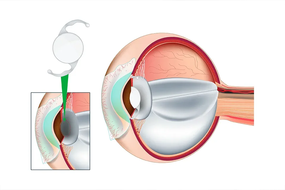 Infográfico comparativo mostrando um olho com cristalino opaco (catarata) e um olho com lente intraocular implantada recuperando a visão