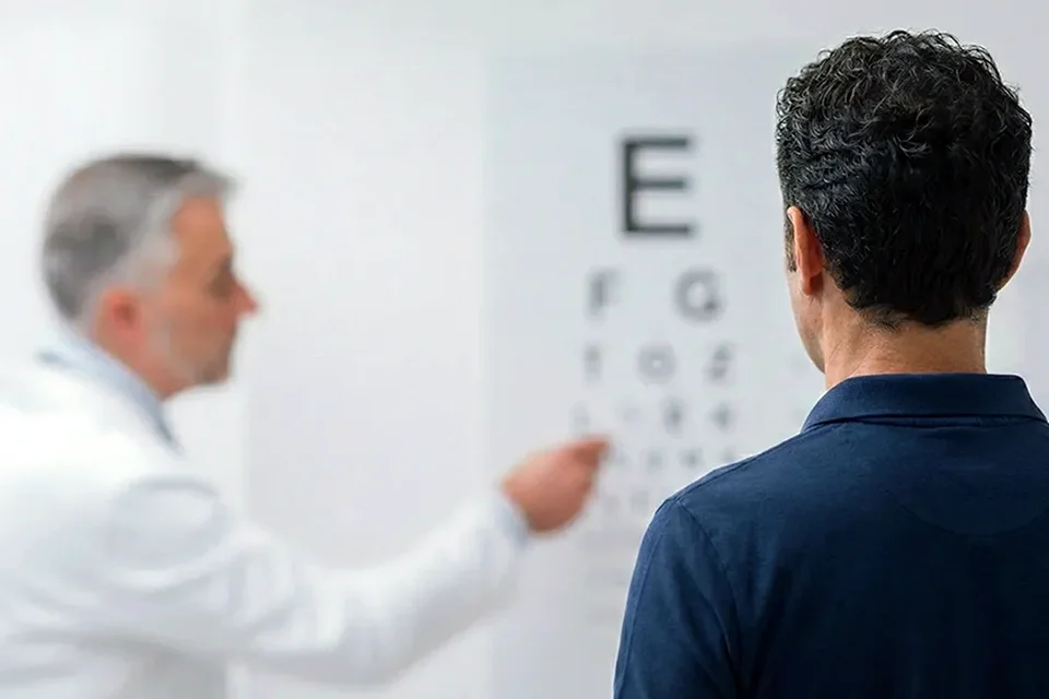 Infográfico comparativo mostrando um olho com cristalino opaco (catarata) e um olho com lente intraocular implantada recuperando a visão