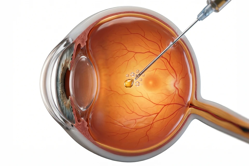 Infográfico comparativo mostrando um olho com cristalino opaco (catarata) e um olho com lente intraocular implantada recuperando a visão