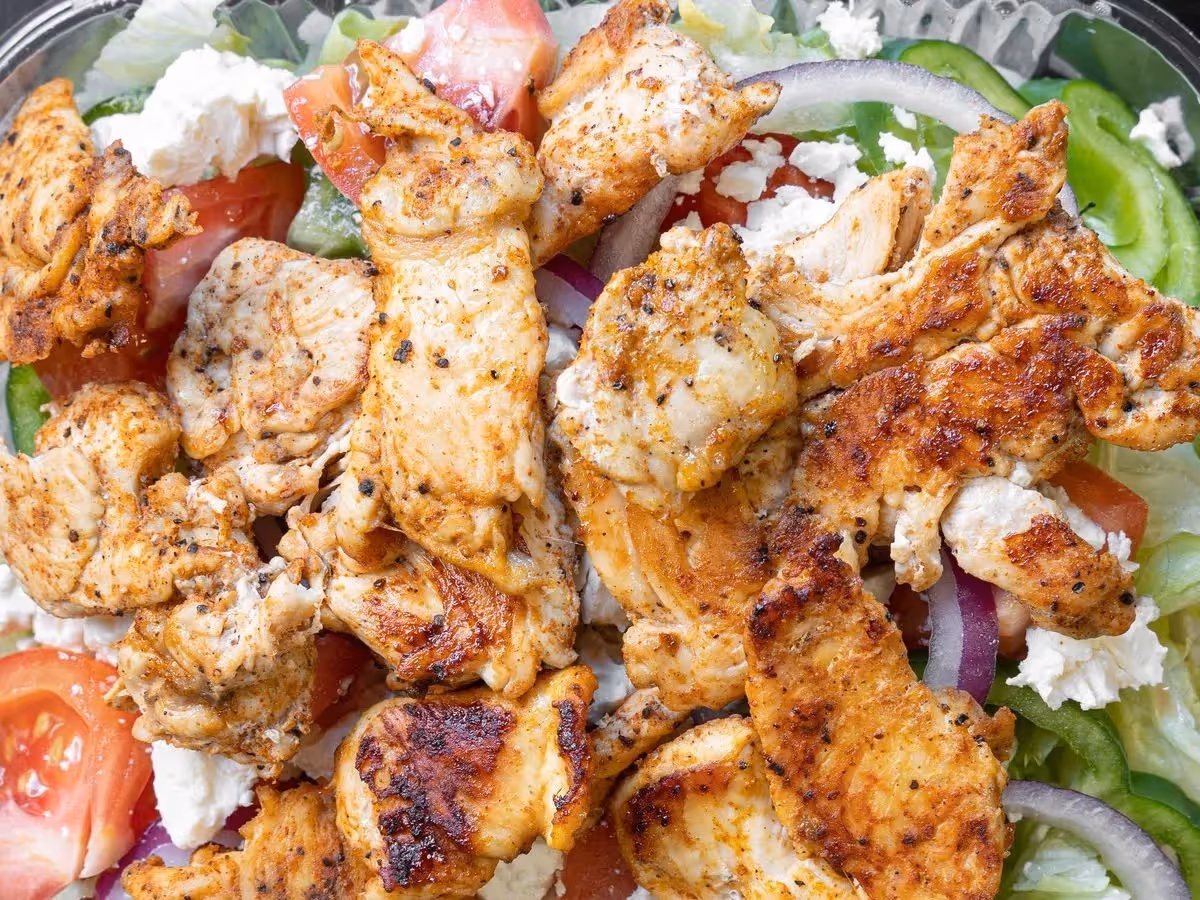 A close up of a delicious chicken salad.