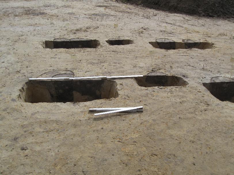 Archeologische opgraving met meerdere rechthoekige greppels en meetlatten in zandgrond.