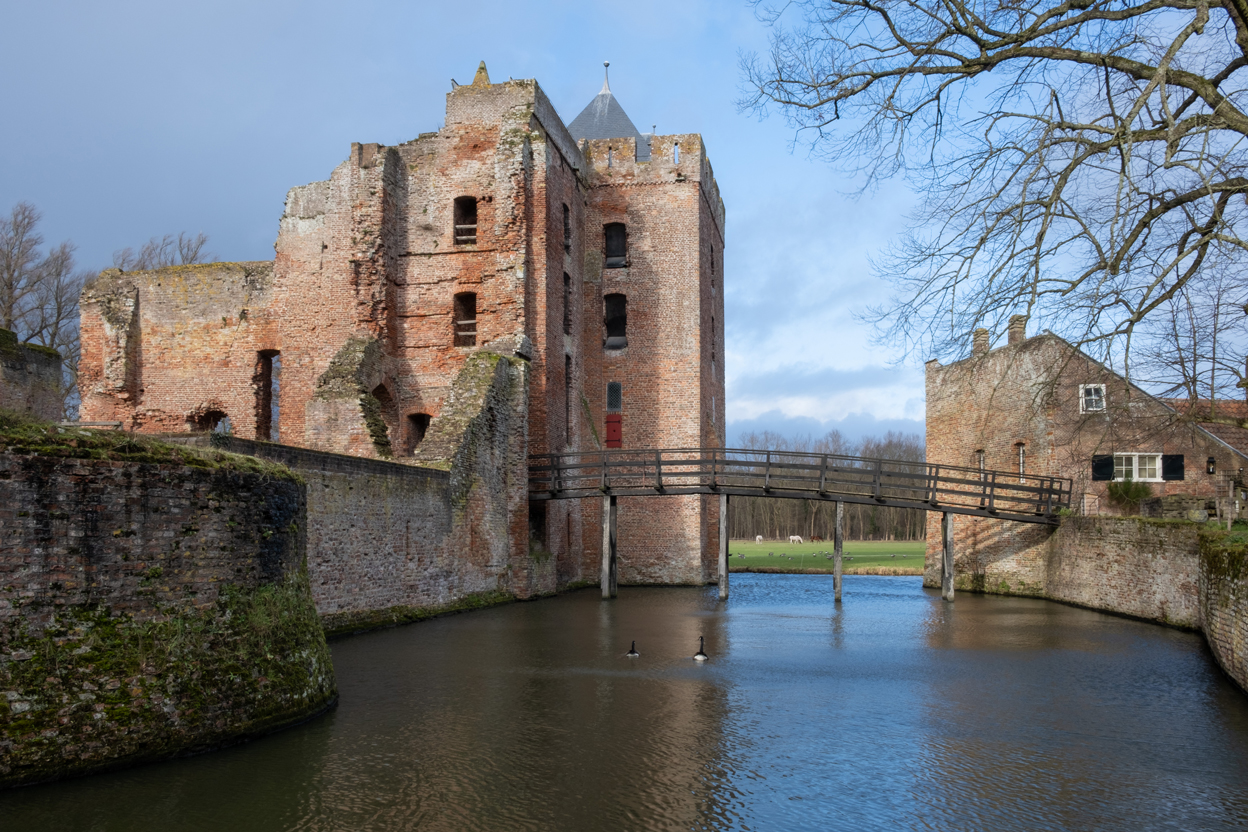 Ruïne van Brederode met een stenen brug over een gracht en twee zwanen in het water.