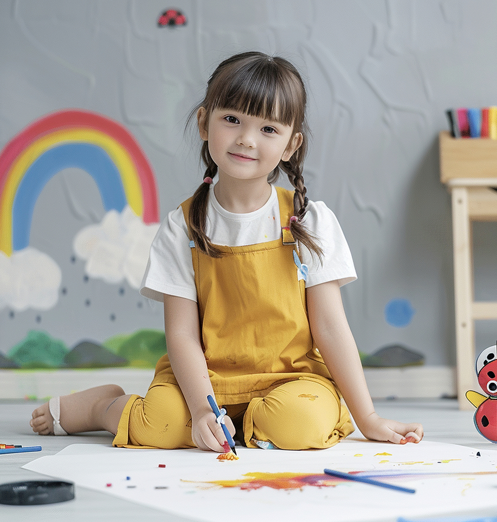 Young child with blonde hair wearing a cream sweater with a pink flower and the word 'Happiness' on it and colorful striped pants.