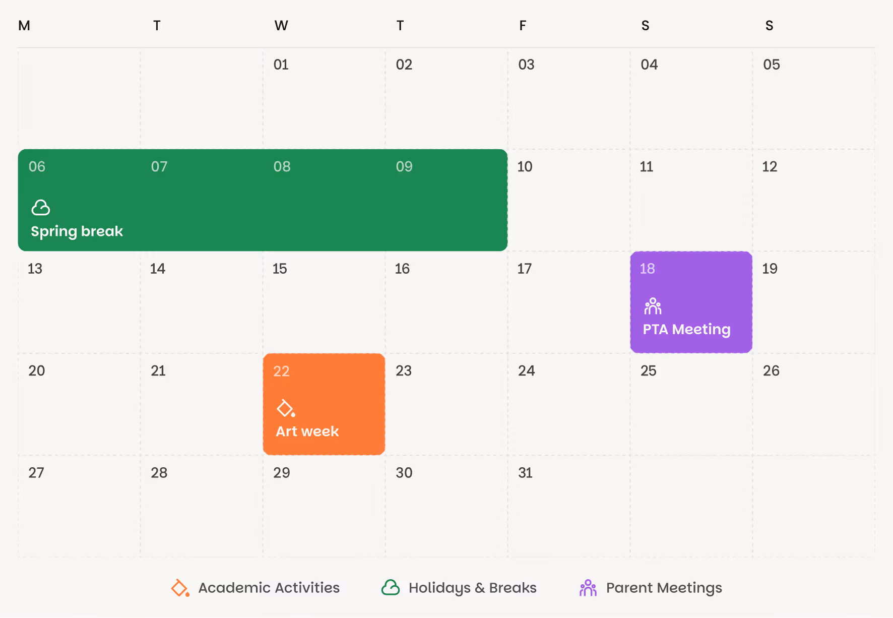 Monthly calendar with color-coded blocks showing Spring break from March 6 to 9 in green, PTA Meeting on March 18 in purple, and Art week on March 22 in orange, including a legend for Academic Activities, Holidays & Breaks, and Parent Meetings.
