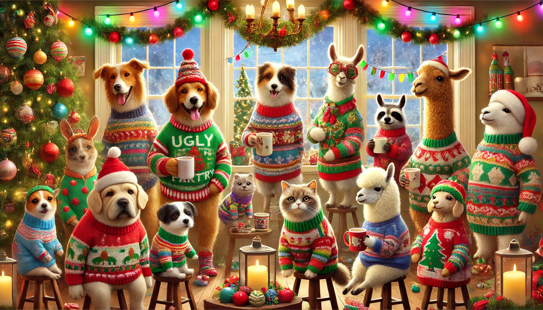 A whimsical scene of various animals wearing colorful, tacky Christmas sweaters at an 'ugly sweater party.' The animals include a dog, a cat, a raccoon, and a llama, all joyfully gathered in a cozy festive room. The room is decorated with twinkling lights, a Christmas tree, and garlands. The animals are posed as if mingling at a party, with some holding mugs of hot chocolate or playing with ornaments. The setting is cheerful, quirky, and full of holiday spirit.