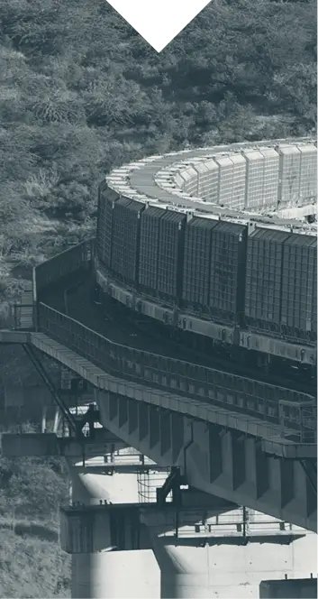 Curved elevated railway bridge with cargo containers loaded on the train.