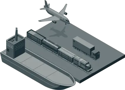 Illustration of cargo transport modes: airplane, train, truck, and ship with containers.