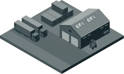 Isometric warehouse scene with delivery trucks, shipping containers, and a forklift.