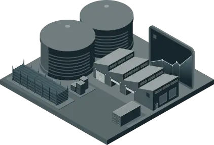 3D illustration of a logistics warehouse with storage tanks, buildings, and a data graph display.