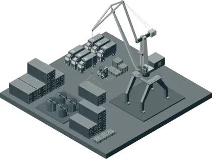 Industrial crane lifting cargo containers next to trucks and stacked pallets in a logistics yard.