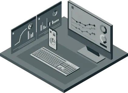 Workstation with two monitors showing charts and a phone displaying a pie chart and data stats.