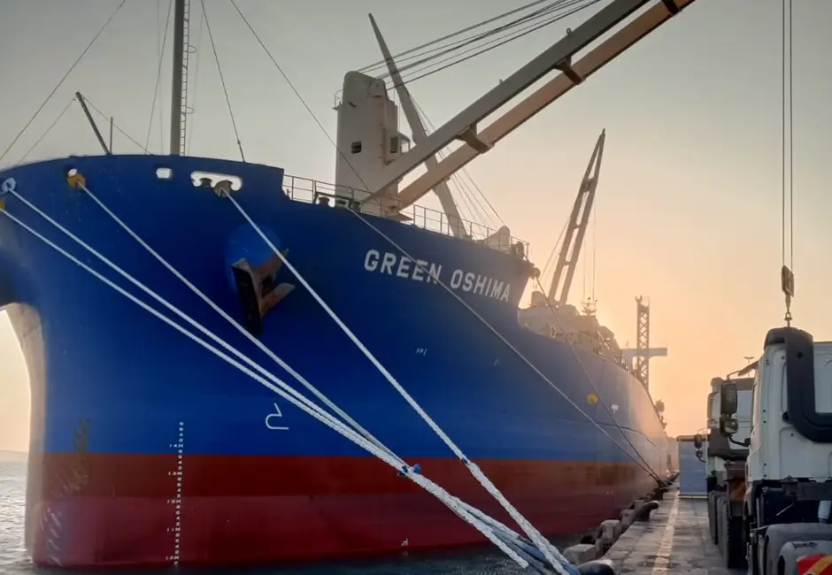 Large cargo ship named GREEN OSHIMA docked at port with ropes and a truck on the pier during sunset.