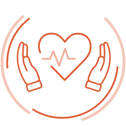 Icône orange représentant deux mains protégeant un cœur avec un signal de fréquence cardiaque.