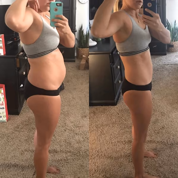 Side-by-side photos of a woman in sportswear showing before and after weight loss transformation.