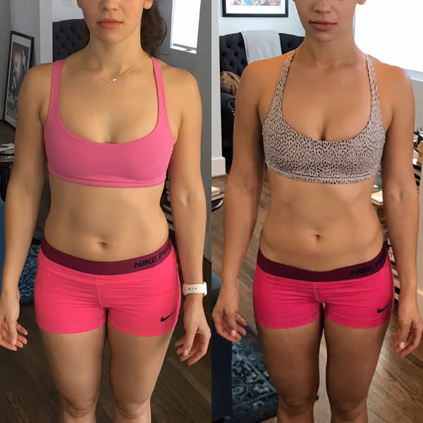 Before and after photos of a woman in pink shorts showing fitness progress indoors.