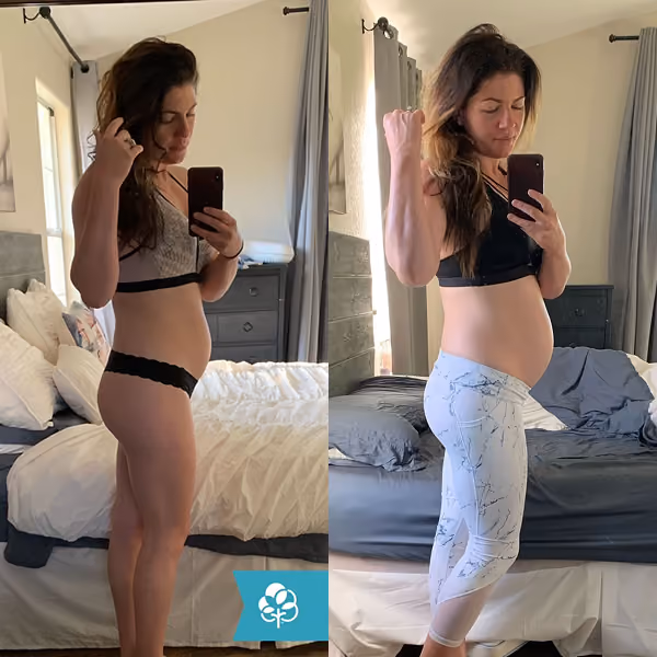 Side-by-side photos of a woman taking mirror selfies, showing pregnancy belly progression.
