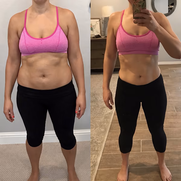 Before and after photos of a woman in pink shorts showing fitness progress indoors.