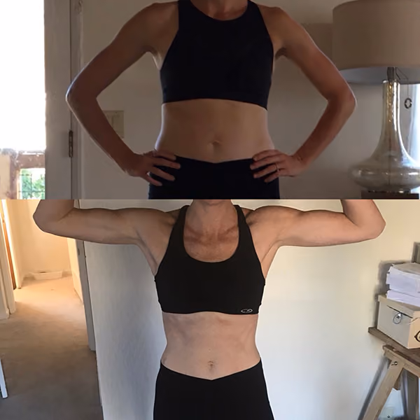 Side-by-side photos of a person in black sportswear showing toned arms and midsection, arms on hips and flexed.
