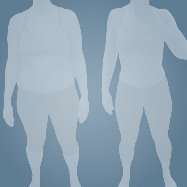 Side-by-side photos of a woman in sportswear showing before and after weight loss transformation.