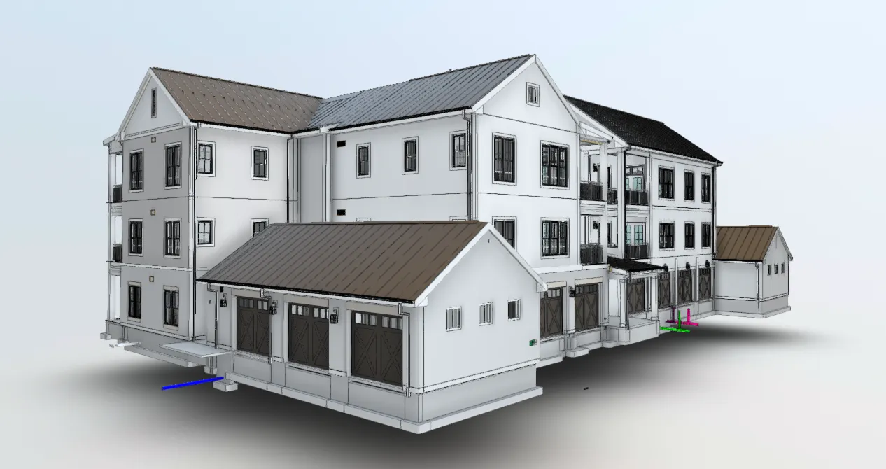 3D architectural rendering of a multi-story building with pitched roofs and multiple windows.