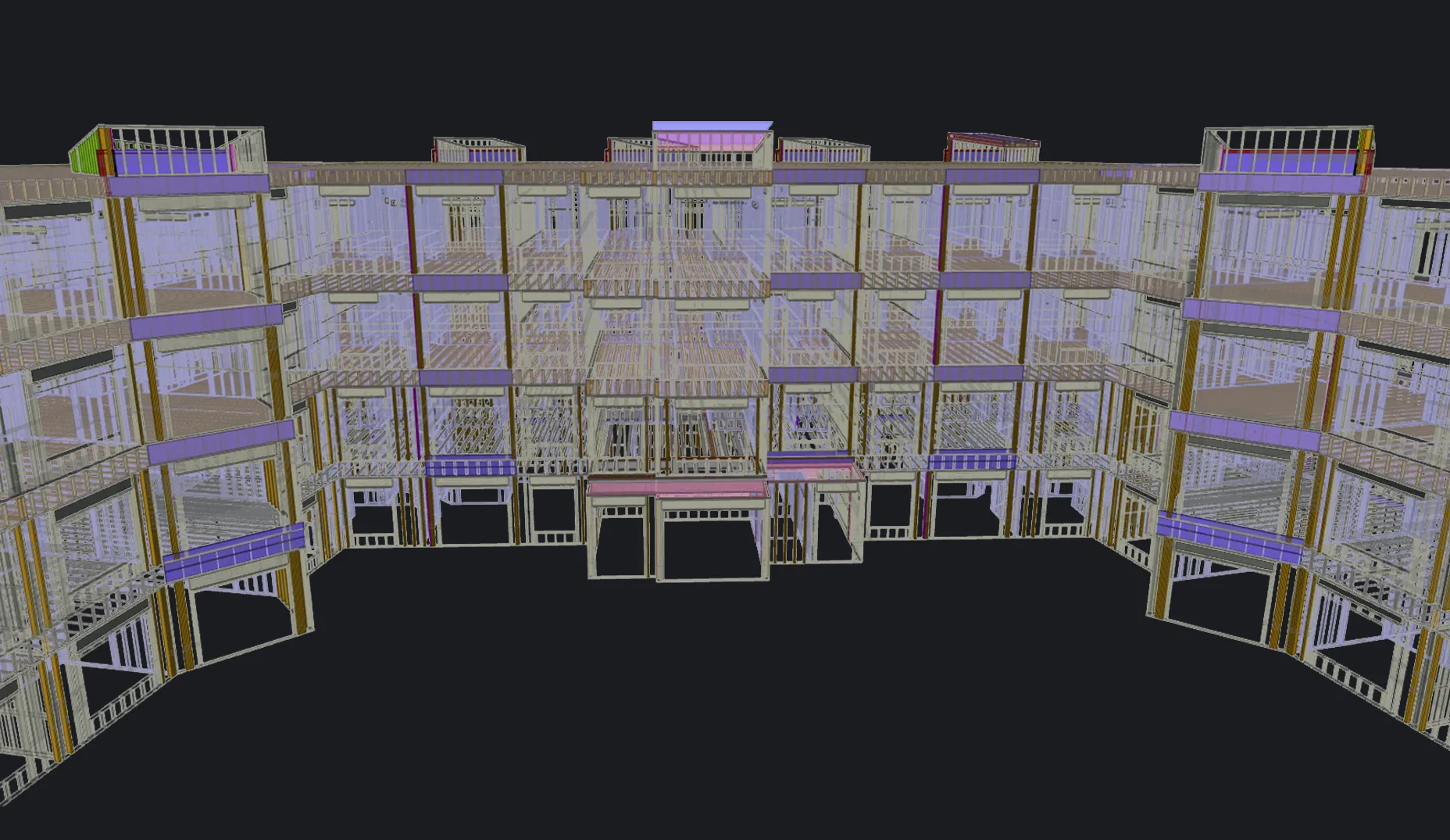 3D model of a translucent multi-story building structure with floors and support beams visible.