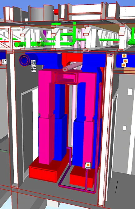 3D model of colorful mechanical or HVAC ducts and pipes inside a building structure.