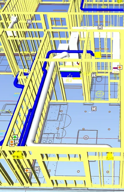 Diagram showing a construction plan with yellow framing and blue piping system.