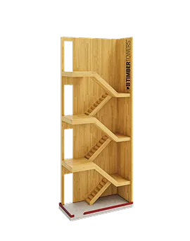 Wooden model of a building with multiple floors and diagonal staircases on each level.