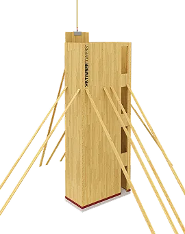 A wooden structure supported by angled beams, designed for construction stability.