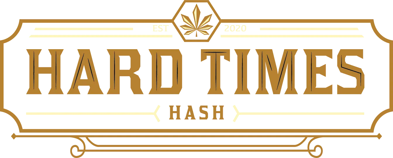 Logo with gold text 'HARD TIMES HASH' and a stylized cannabis leaf above, established 2020.