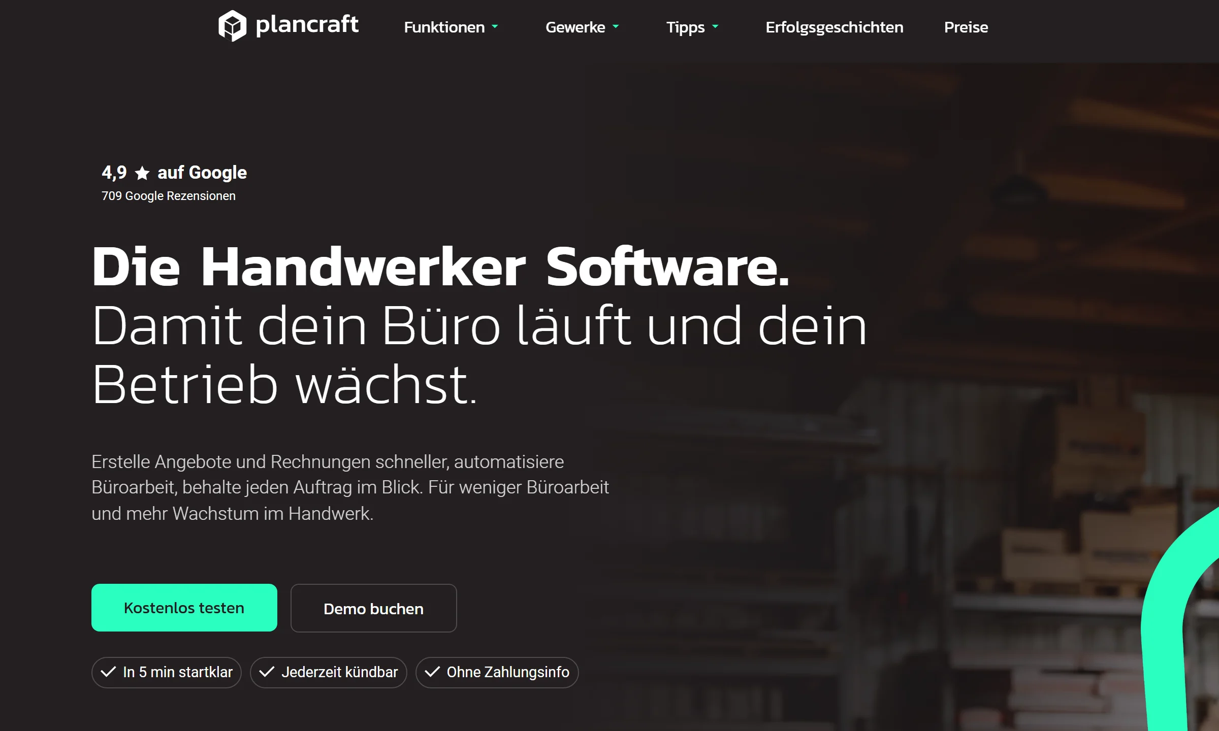 Startseite der Handwerkersoftware Plancraft mit Überschrift, Beschreibung und Schaltflächen zum kostenlosen Test.
