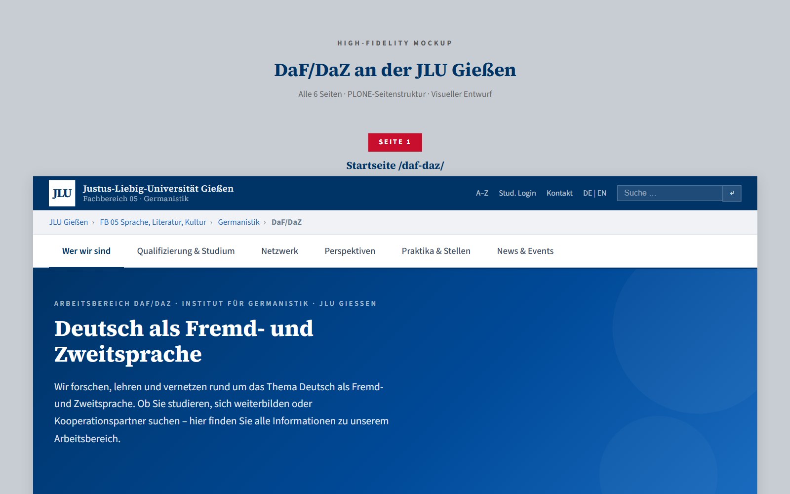 Entwurf der Startseite für den Arbeitsbereich DaF/DaZ mit Kopfzeile der Universität und Titelbereich