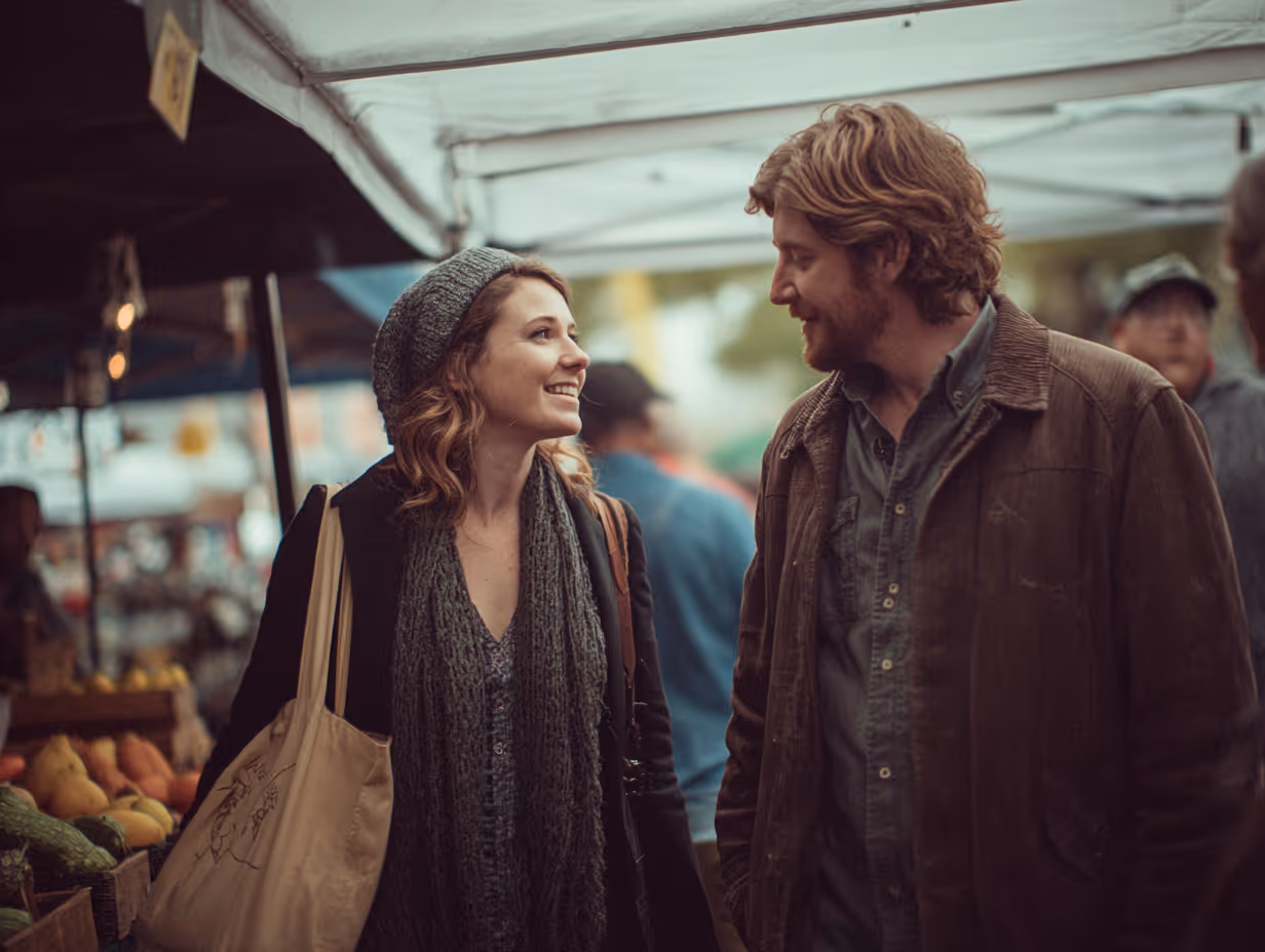 Smiling couple talking at an outdoor market with fresh produce in the background.