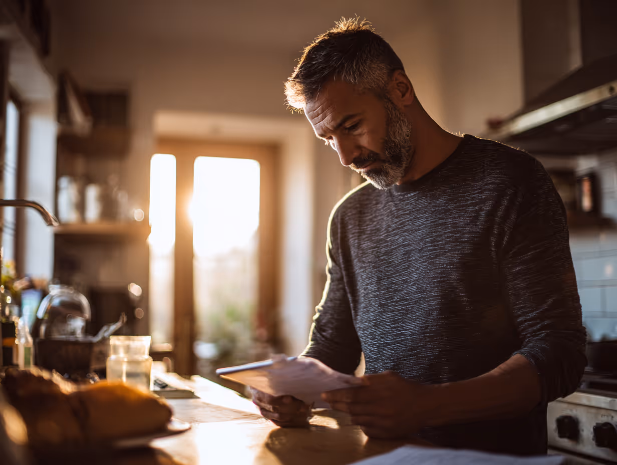 Man with gray hair and beard reading papers at a sunlit kitchen counter.