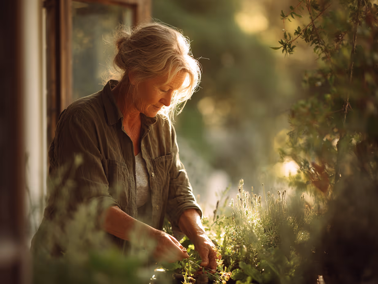 Older woman tending plants in a sunlit garden with greenery around her.