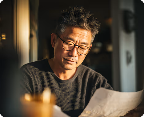 Middle-aged man with glasses reading a paper in warm indoor light.