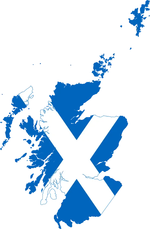 Map of Scotland filled with the white diagonal cross of the Saint Andrew's flag on a blue background.