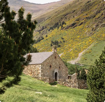 Stone building with an arched door nestled among pine trees on a grassy hill with mountains in background.