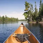View from inside a canoe paddling on a calm lake surrounded by trees under a clear sky.