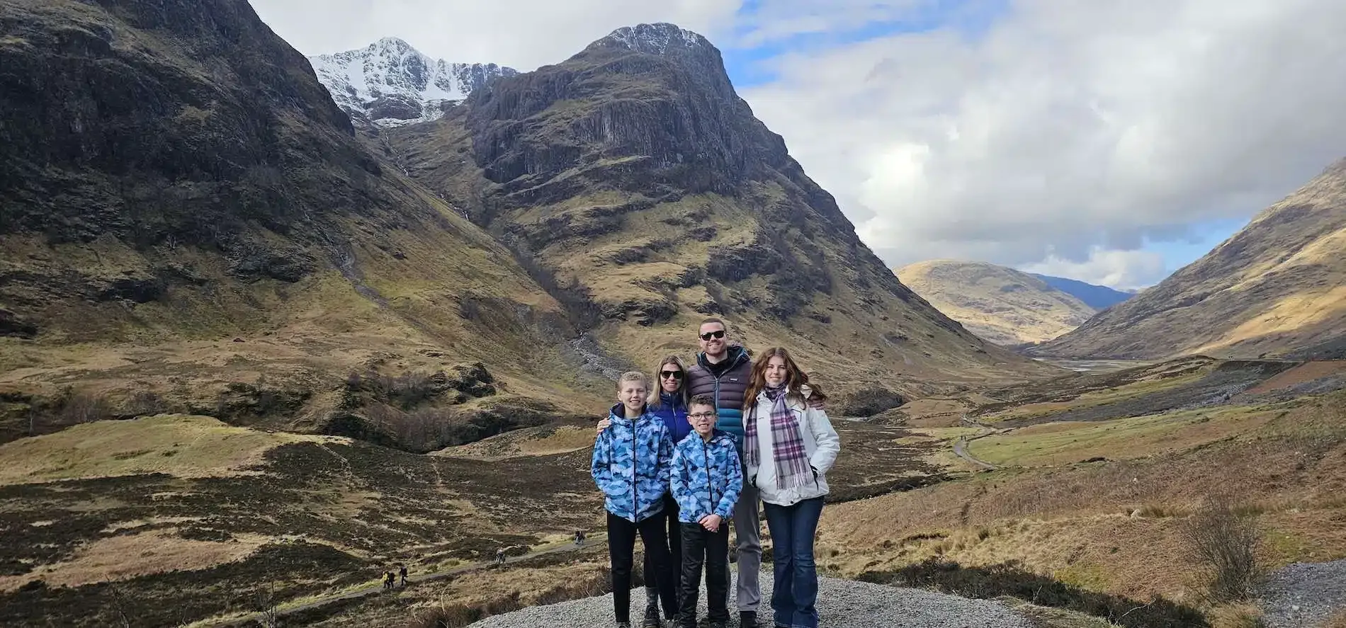 Group of five smiling people standing on a gravel path with large mountains and cloudy sky behind them.