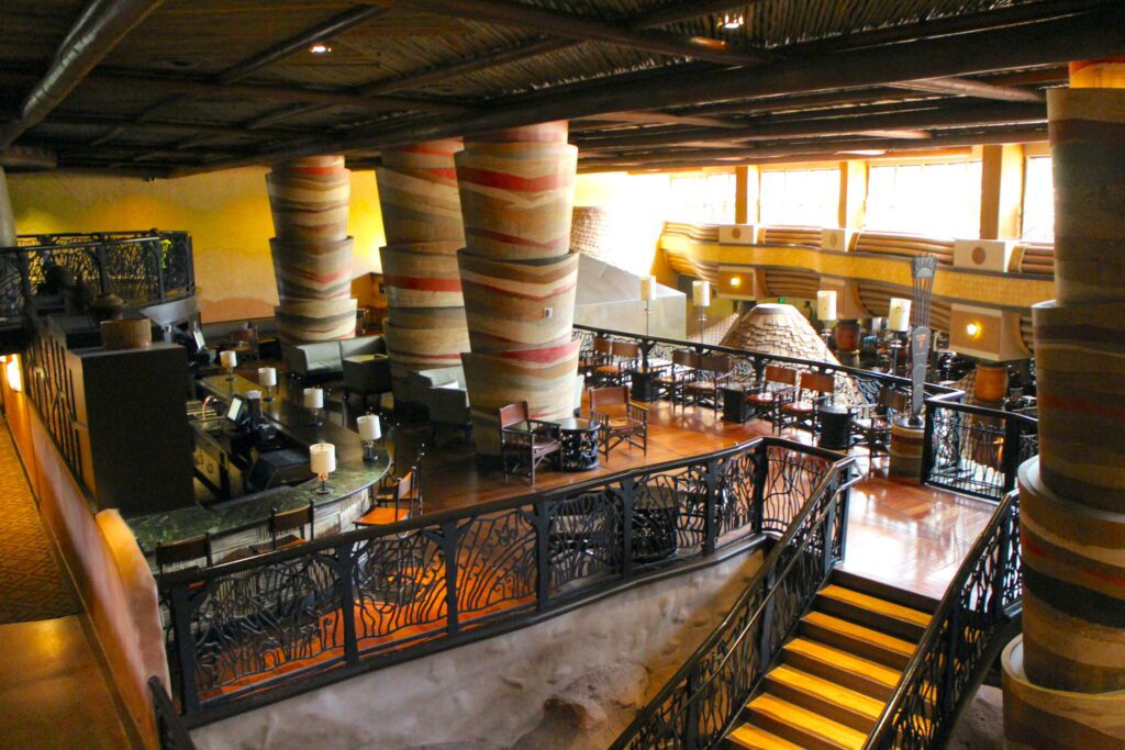 An over head view of the Disney World bar Victoria Falls Lounge at Animal Kingdom Lodge.