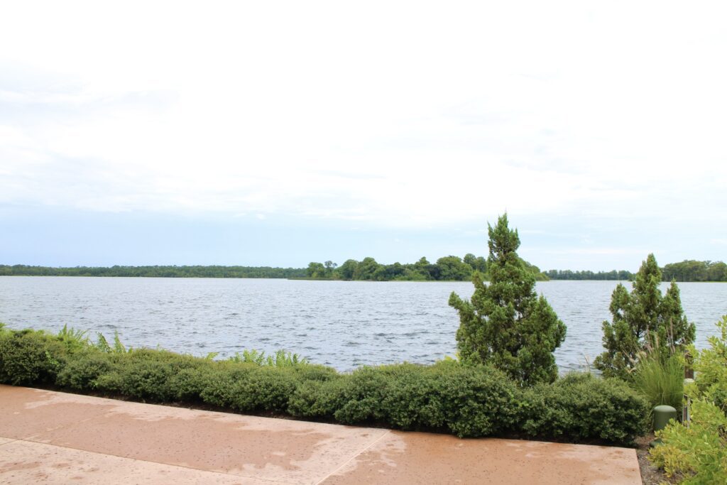 Day time view of Bay Lake from the Geyser Point waterfront bar and lounge at Disney's Wilderness Lodge with greenery in front of the lake.