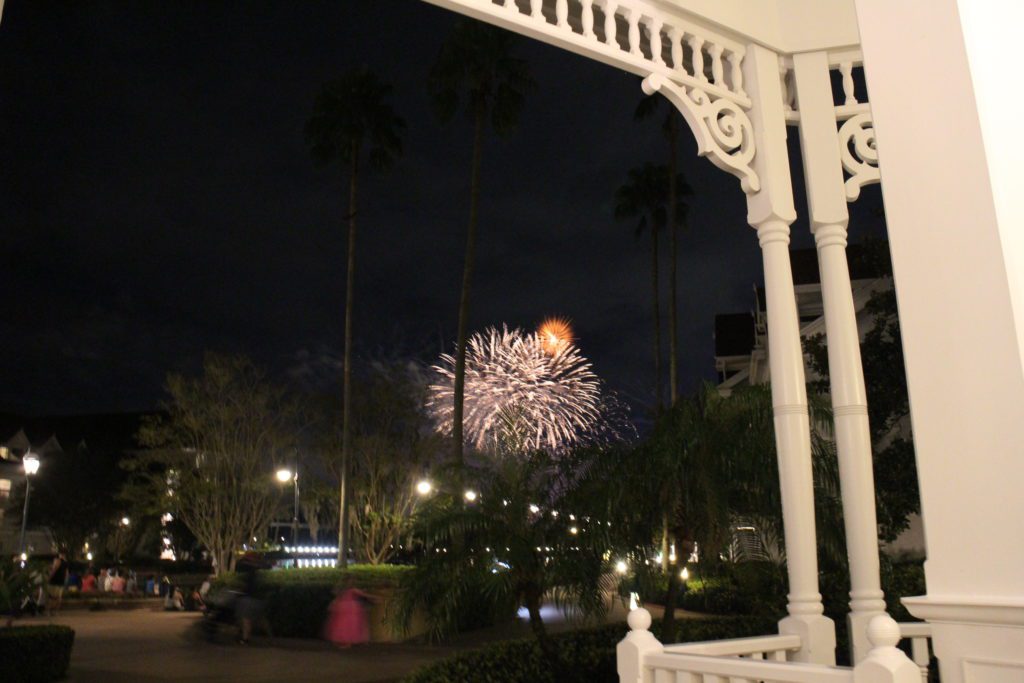 Grand Floridian firework views from near outside of Grand Floridian Cafe.