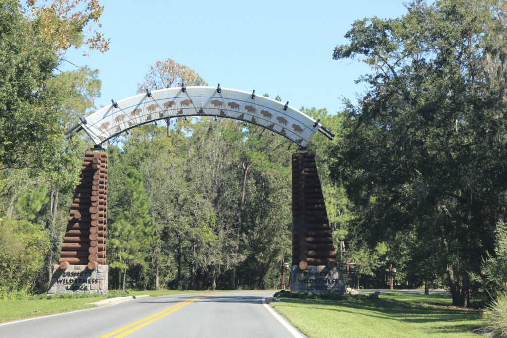 A themed wood and stone archway with Disney's Wilderness Lodge on it in black lettering surrounded by tall trees