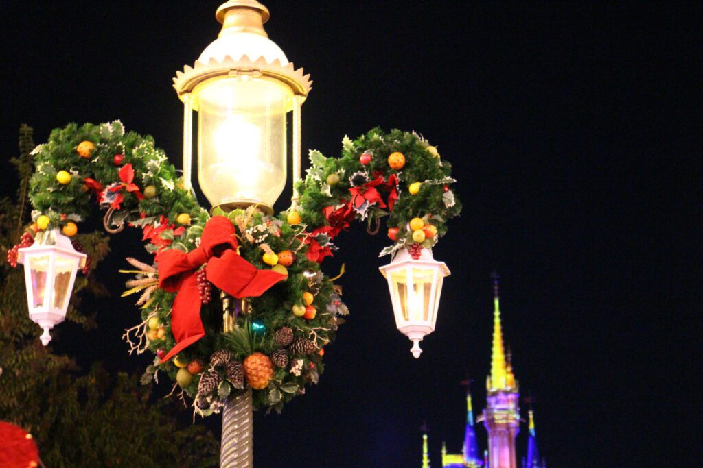 a wreath on Main Street USA