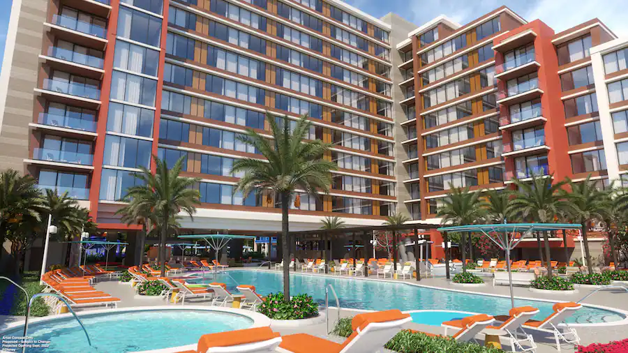 A rendering of the pool area at the Disneyland DVC tower with a pool