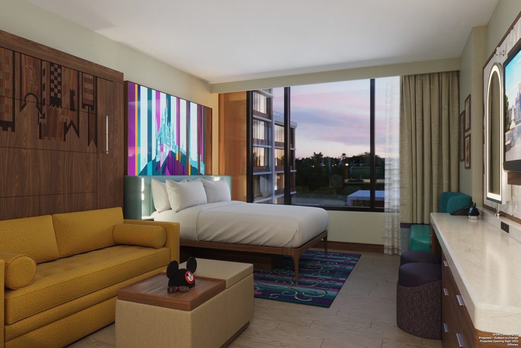 A rendering of a Disneyland Hotel DVC room with art from Sleeping Beauty