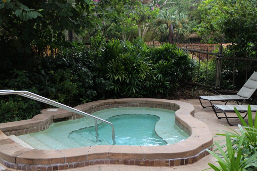 a bean shaped in ground hot tub surrounded by greenery