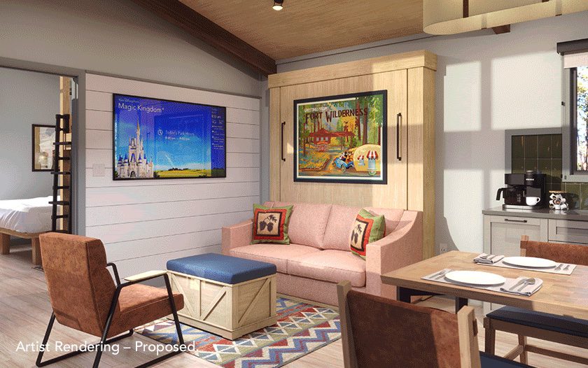 Inside The Cabins at Disney's Fort Wilderness Resort DVC rooms. There will be a pull down bed that sleeps two in the living room.