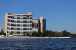 Bay Lake Tower sits on the shores of navy blue Bay Lake